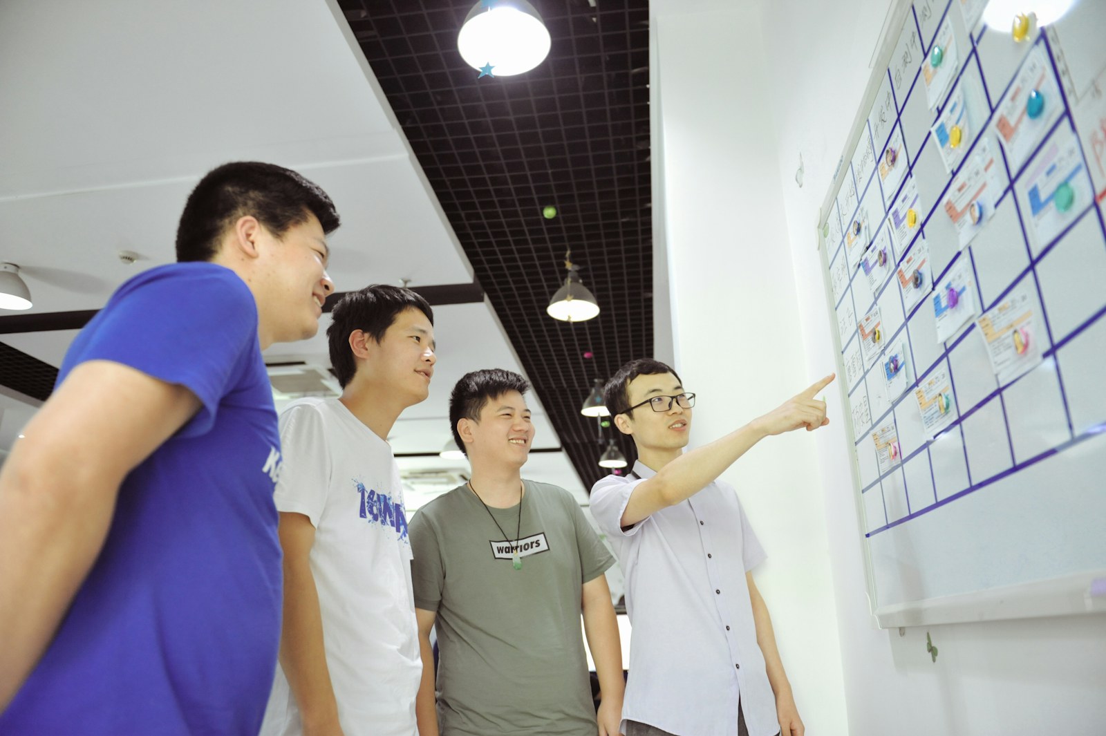 Four colleagues reviewing and pointing to a planning board together