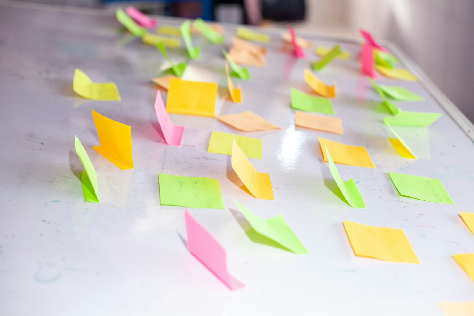 Colorful sticky notes spread across a whiteboard during an ideation session